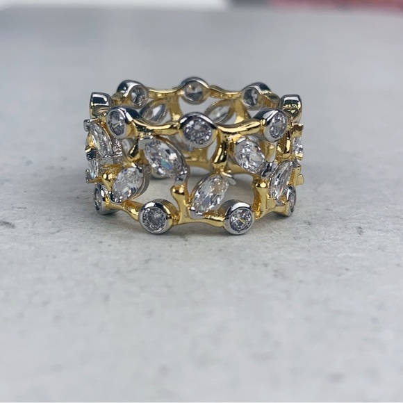 Two Tone Cubic Zirconia Eternity Ring Size 7 Round Marquise Bezel Vine Ring - Picture 4 of 16